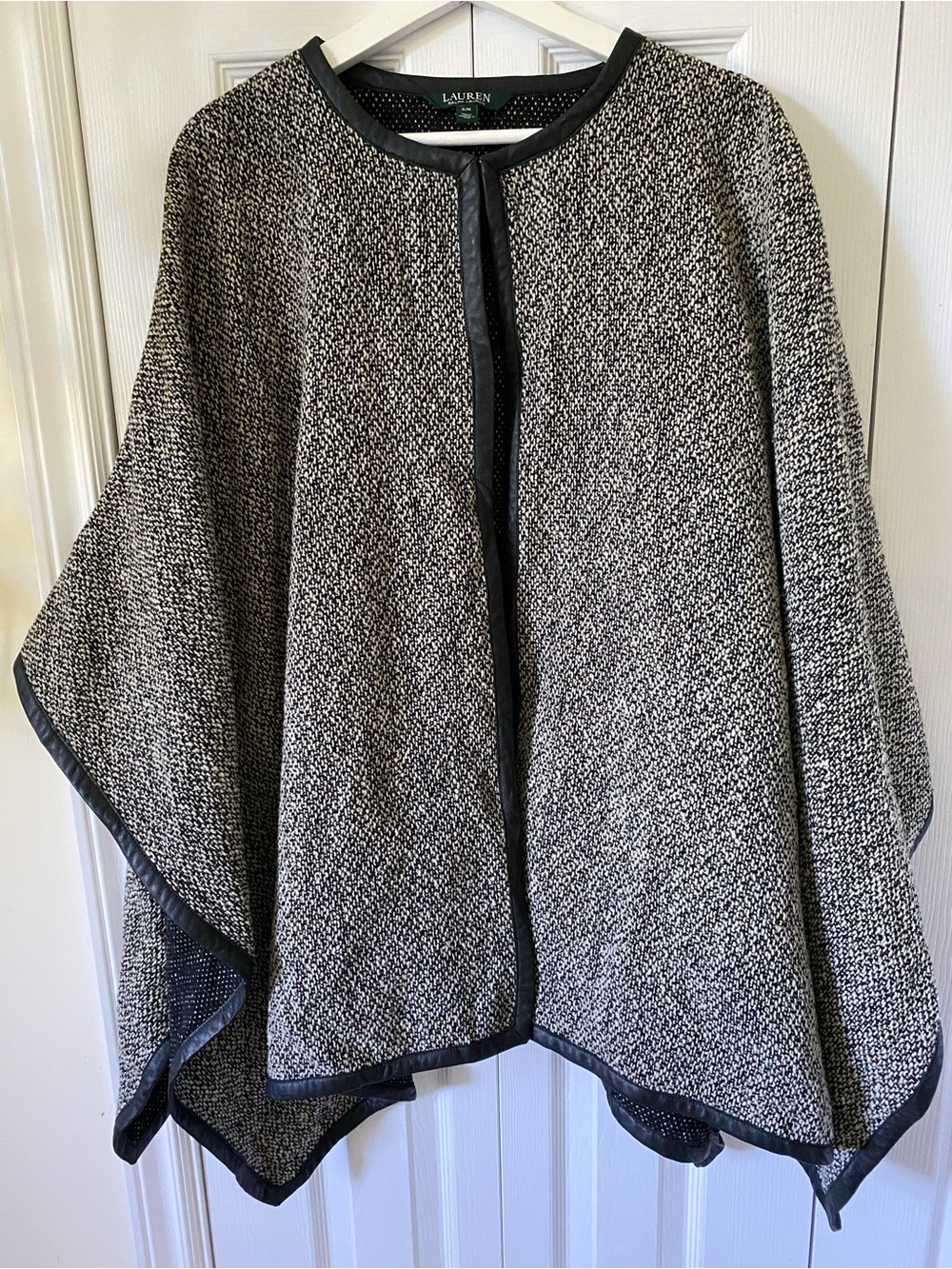 Ralph Lauren Black & Ivory Tweed Wool blend Cape Lamb Leather Trim Size S/M